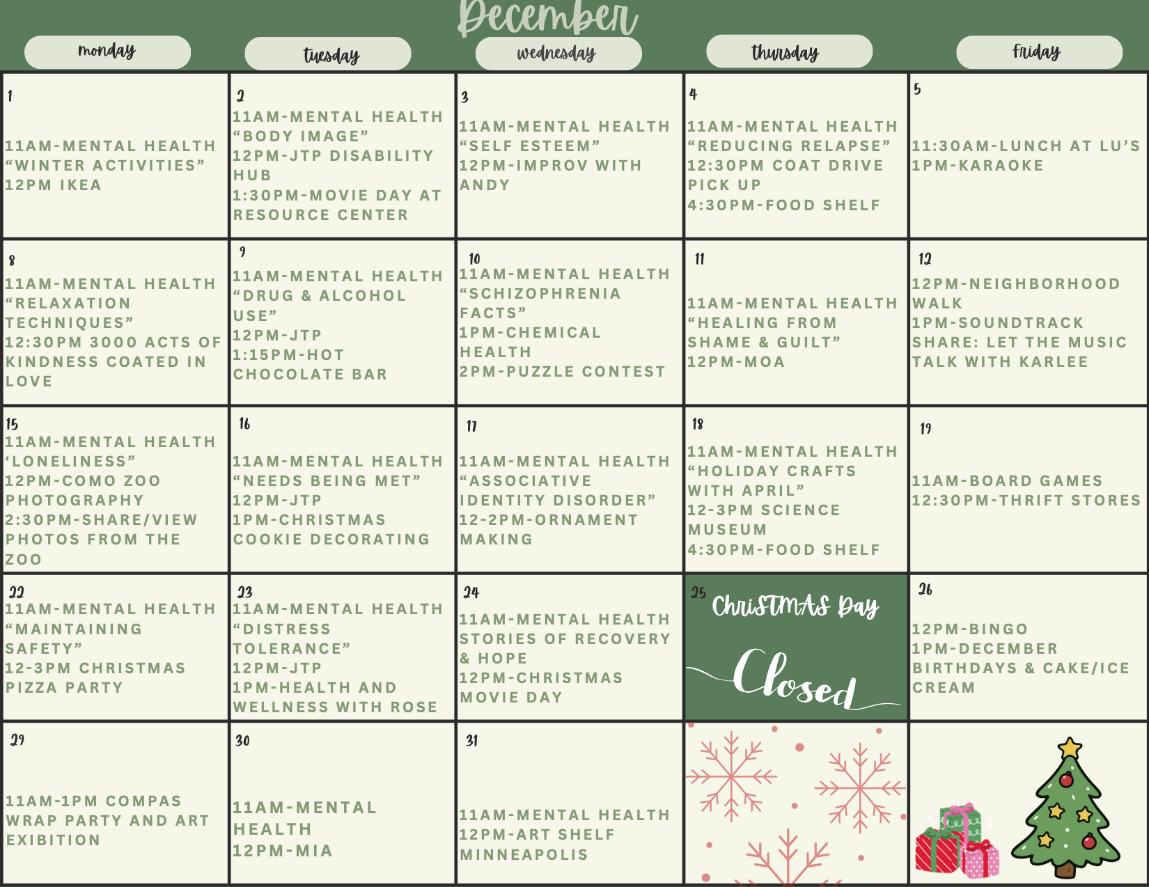 Resource Center December 2025 July Activities Calendar